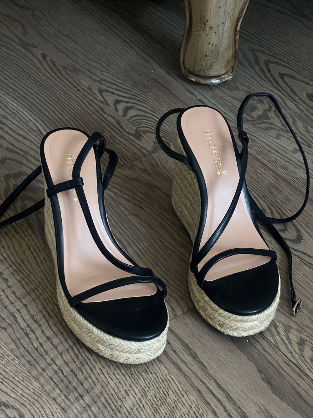Shoe Dazzle Black Strappy Espadrille Wedge Sandals